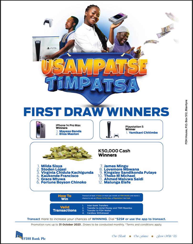 FDHBankMalawi's tweet photo. The first 15 winners in the Usampatse Timpatsa promo are finally out! Congratulations to everyone.
Transact four or more times on FDH Mobile to increase your chances of winning.
#UsampatseTimpatsa
#FDHMobile
#FDHBankPlc https://t.co/94uW7JBAh0
