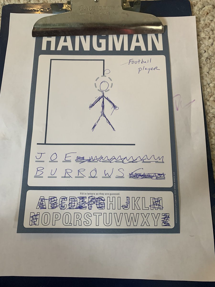 JkimRites's tweet photo. Playing hangman with my son. He loves All Things Football, so chose the category of football players. After he guessed it, he goes, Mom, it Joe Bur-ROW 😂 🏈 @JoeyB #PreSeason #summer https://t.co/5cGy4T0zuZ