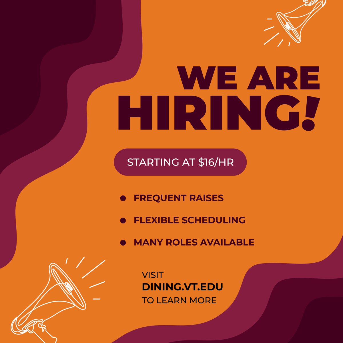 Looking for your next career opportunity? Join Virginia Tech Dining Services today!  
💵 Hourly positions now STARTING at $16/hr - visit dining.vt.edu/jobs - Work for Dining - Live for You!  #VTdining #hokiedining #virginiatech #hokies
