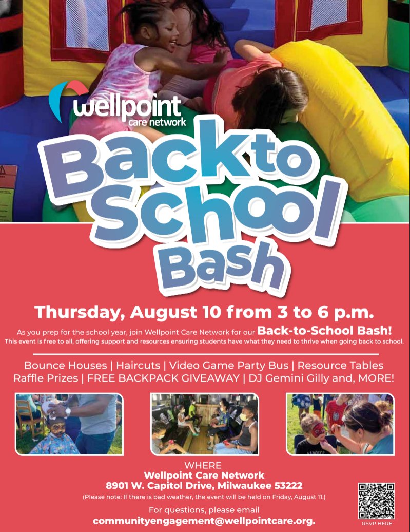 Come join @WellpointCare Network today from 3 - 6 p.m. for their Back to School Bash! There will be bounce houses, haircuts, a video game party bus, and more!

They'll be in the Wellpoint Backyard, 8901 W. Capitol Dr. in Milwaukee. #MkeEvents #BackToSchool