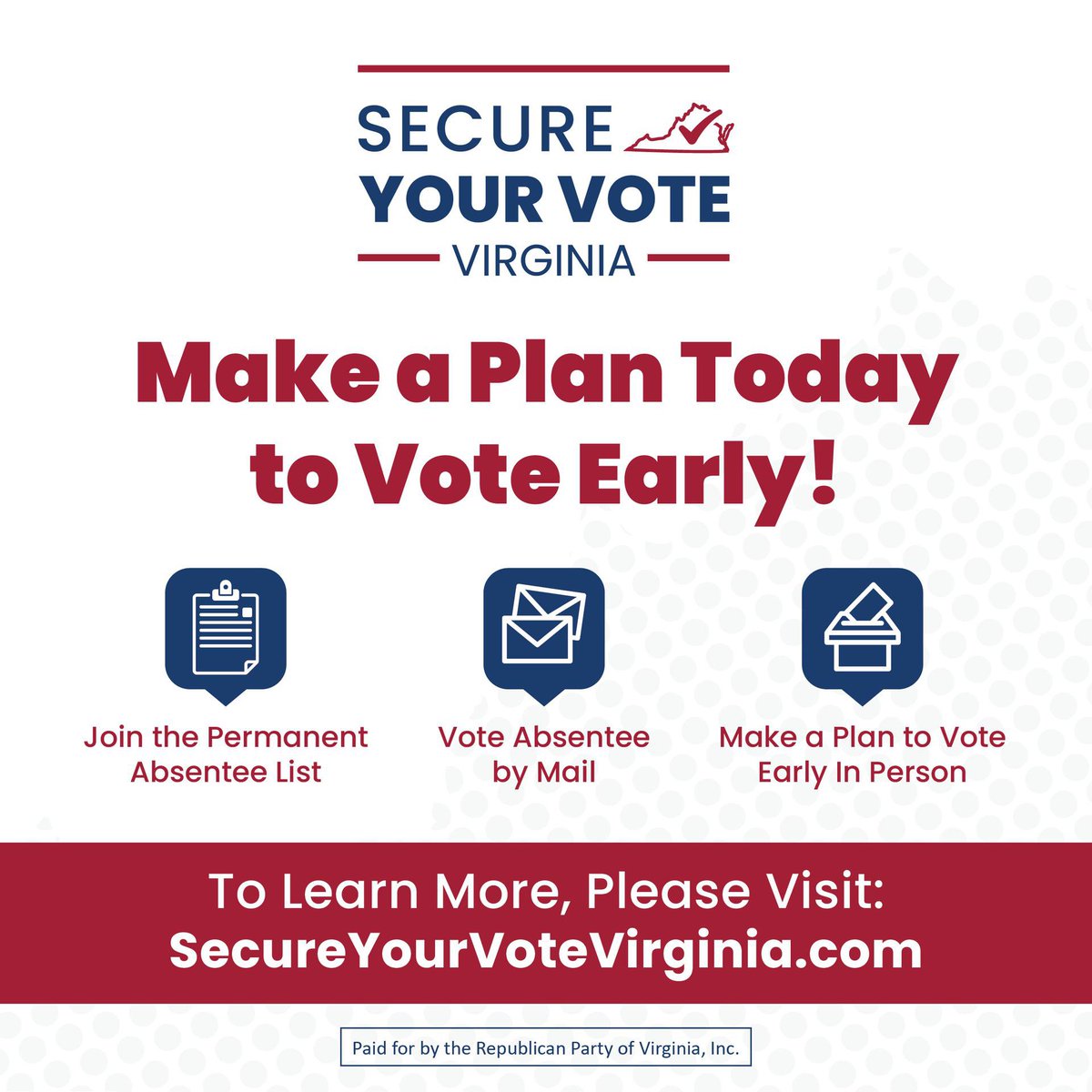 AshurstSharon's tweet photo. Here’s the truth: Republicans can’t go into Election Day in Virginia this November down thousands of votes. Make a plan to VOTE EARLY today at https://t.co/a2jWU8ZF7s. #SecureYourvoteVA https://t.co/ApICpyAQ5O
