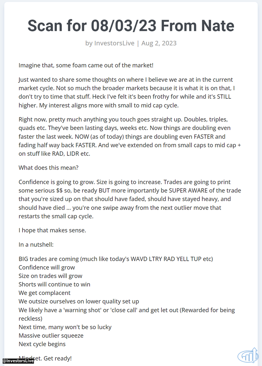 InvestorsLive's tweet photo. If you're a small cap short seller I figured I'd add a few thoughts again today after the latest $VTGN 

(I am so happy these weren't a thing when I was aggressive on small gaps in years past). 

Much like the $MF discussion last week re: circuit halts etc. my goal is to offer small thoughts here or there when outlier situations happen such as today with $VTGN. How to prepared for them, avoid, react etc.

Small caps are scary as FUCK these days (mostly for shorts).

Some thoughts while it's fresh and maybe a dose of reality & clarity for those who need it.

And, for anyone that got hurt that's still in the game, hopefully can assist on what to do moving forward. 

Trading is not what it used to be in small caps. Years back when you could really scale into stuff some but this outlier risk was never really a thing, or, maybe it was but hadn't been exploited yet. 

Moves like $VTGN continue to make me feel good about my decision over the last two years to really exit from the small cap space in any "capacity" trading way smaller and really waiting for any "size" until after a trend as tested, exhausted numerous times and confirmed. 

Yes, obviously I still trade them but as you hear me say - no where near the size I used to trade them. 

I reserve size for moves like $TTOO $MULN $NKLA ie: my bread and butter (as you've seen me post and recently A+ nature of them etc.)

Let's face it $VTGN style moves don't happen naturally:

TOO much supply TOO low -- not from sellers, but rather shorts.

If you're a short seller most times the warnings may seem like they DON'T MATTER. 

Truly they don't, MOST TIMES. 

But when they do matter, that's when you find out if you actually do have risk management. If you sized appropriately for the trade etc. 

You don't know if you'll freeze up like I did on $KODK - easy to say you'd stop out but when you're faced with it in the moment TOTALLY DIFFERENT STORY. 

You have NO CLUE how you'll react REGARDLESS of what you say you know or plan to do. 

MOST times risk management is NEVER tested. MOST times we get away with being reckless until, well, we don't.

Every Sunday video I make I basically repeat how I "RETIRED" from small caps with any size, to me they are just smaller trades while I wait for the $NIO $FUBO $NKLA types to show face. It's just not worth it, even if I am right most times it's just the ONE that takes it all away. 

If you do the same thing over and over expecting different results? What are you?

Personally as I've said many times on Sunday video this year I've been done chasing small cap money for a while. I prefer to let dominoes fall fall where they may and then participate in the action. 

If a name shows signs that it COULD circuit halt, I'm risk adverse. It's just not worth it.

At some point if you take a step back and think about what you truly want out of this - chasing dollars for the rest of your life may not align with what makes you the most happy. What if you did that, never took a step back, never made adjustments and lost it all on a black swan?

Lots of people are crushing it, lots have great swing books. It's been a swing traders dream lately. But, if you're trying to catch up taking subpar trades where does that leave you?

THIS IS WAY DIFFERENT than prior years FOR ME. Going back 3-5 + years ago this was never really a fear. Never really a thing. Post COVID the gamified tape, the traps, the circuits you name it, sure they were there but never this crazy. This is WAY different risk than when I started all the way up to even 2020-2021. These types are even more lethal than $AMC $CLOV style moves. 

When I lost on $AMC it's because I was stubborn, not because I blinked. Now? You don't even have a chance to BLINK.

Literally 
9:21:20AM $51.76 
9:21:21 $60 was next print.

Blink 👀

I miss a lot of home runs because I trade them too small and yeah that's frustrating as hell to know I was right and coulda banked massively, but, what about the one's you miss? $TUP squeeze AHs other day, I slept just fine. 

Make sure you count your wins (ie: the ones you're glad you're not part of) just as much as you beat yourself up on your misses. 

My focus continues to be sizing opportunities in mid to large cap land that are speeding up relatively to prior price action. Examples recently = $FUBO $OPEN $NIO $XPEV $RIVN $MARA $RIOT types

Outlier moves like $CVNA $AI don't interest me except once or twice on large gaps after it's been up multiple days in a row. "When they come into my wheelhouse" ie: carbon copy set ups you've seen me post over and over. Use them as a gauge of market euphoria but many times best to trade away.

Same with $TUP $YELL types. If crowds all over them, I tend to be more hands off and focus on where people are not looking vs. the ones EVERYONE wants to nail. 

Truly, everything is gamified these days since COVID market -- but in 2022-2023 liquidity isn't there.

re: $KODK when I lost $1.2M+ (with $2M + draw down) I said "We will NEVER see that again but holy crap that was a close call." and guess what? 

Then $HKD happened 😨

$HKD I never touched on that big move, but said same thing "Well, we'll probably never see that again"

Weeks later $MEGL 

$MEGL IPO'd at $5 it opened 1000% higher at $50 I put on 1k shares with no real edge, just looking for a quick scalp of $10 points off all the "idiots" buying at $50 and leave. 

My wife and I were going to pick granite for the lake house. Something that should have been fun, without worry, and relaxed. Traded the morning perfect and right before I left $MEGL opened and went into a circuit. First open was in the $80s and circuited again and it started quoting $1999 and then $19999/share. Now, I know it'd LIKELY never open here but I had a moment where I said to myself "WHAT IF?"

What if it opened at $19999 and I just worked my entire career to lose $20 million on one trade on 1000 shares? WHAT IF? Seriously, what if -- sure maybe it wouldn't open there but what if it opened $500, $1000, $2000? Was it worth it?

It ended up working out only lost $100/share on that 1000 share entry and honestly could have been flat but I had terrible Wi-Fi (Fun fact: Granite blocks Wi-Fi signals). And when you're in a granite yard, bent on an IPO with no liquidity it's not the best place to be LOL.

When I tweet that I have PTSD that's where I got it from, and that's why you see me be such a broken record every on these. 

Weeks later we saw $ATXG

It started happening over and over.

Earlier this year we had $TOP

Fortunately as you saw - saw the trap first hand. Avoided it 100% and had no part in the destruction. Heck, I even got long but stopped out for .50 cents before it ramped $200/share.

I saw many lose their decade + hard work in TEN minutes. I mean really. Truly. People who were set for life, lose it in ten minutes.

After I saw that, it once again confirmed my choice of not being TOO PROUD to not nail these things like the old days. This obsession to 'figure it out.' nah, it's JUST NOT WORTH IT. 

Those who listened on Sunday videos likely remember when I went over that situation. Similar to this tweet. Old me would have been TOAST. The choices I made likely saved a good chunk of my career. 

Many however, did not avoid it.

This was their first "oh fuck" moment. 

Most will never understand this post UNTIL you've had that "Oh fuck" moment once, maybe twice. If you survived that second time you need to make an agreement with yourself NOW. 

I don't know any great traders who haven't had an "Oh fuck" moment but, I sure as hell don't know any GREAT career traders who STILL continually jump between landmines. 

On Sunday video AND regularly in IU we talk about how back in day a stuff move used to be the EXIT for longs/THEY, but, not the last few years. 

A exhaustion move that gets SOAKED right is VOIDED (but keep that line for later). Draw it on the chart so it's a visual reminder.

Anytime there is a big exhaustion move I watch it and watch for two things:

1. Does it dip and rip or stay heavy?
2. Upon re-test of prior exhaustion spot does it reclaim first try or stuff?

Those questions alone will save you headaches. 

BECAUSE you can't answer it unless you wait to find out! 

So, simply ask yourself that question before placing a trade. Put it on a post it to remember/ask yourself if you need to.  

HERE'S THE THING: Most who shorted $VTGN this AM COULD NOT ANSWER THAT QUESTION. 

If you took enough time to ask yourself that question, by the time you were going to answer you'd realize it was already a buck higher.

Today $3.80s exhausted out flushed, first swipe back through reclaimed. Same thing in the $5s same thing $23-$25. Not once did it STUFF at a lower level on any exhaustion moves.

SWIPE TEST is what we talk about every Sunday as well. 

If it hasn't swiped back yet how do you know if it's SELLERS or just SHORTS?

If it's just shorts and it swipes back, your risk is elevated and works out best case, or, worst case it turns into today.

If it's sellers, when it swipes back it's going to stuff and stay heavy you have something to now risk off of now.

REMEMBER if I am going to short I want to be on the SAME SIDE AS SELLERS. 

I don't want to be the ONLY seller.

This is why I always challenge the "Focus on your losses to get better" and really, focus on your WINNERS. Check in with yourself, did you get lucky? Is that repeatable? Was that risky as F but you got away with it? Be honest because you may not be able to ask yourself the same question next time, it'll be too late.

Some tidbits that help me:

If no A+ on scan night before - go for a walk pre market: 

The longer you're on desk pre market the more likely you press a button. It is VERY rare I take a pre market trade into open. It would ONLY be the case if it was A+ set up and focus from prior days/night on scan etc. Simple fix but also double edge sword because it contradicts what I've said in past so I want to be clear - if I say to get to desk as late as possible, I still think it's important to show up and get prepared. But if you're taking sub par trades scalping for peanuts just to trade GET TO THE DESK AS LATE AS POSSIBLE. If A+ is set up I am there earlier and focused. If not, I'll check in 7AM remain out of market as long as I can. 8AM check in again unless walking but 8:15AM + I'll be on desk getting thoughts/ideas together for broadcast and day.

Only borrow X shares per ticker:

Sometimes if you borrow too many you feel like you need to use them and as most know that's never a good idea. Or, sometimes you go back on these thin outlier ones and there are none, and well, remember you borrowed what you WANTED to begin, now you're going back emotionally trying to throw good money after bad. Do you do this? If so be aware of it.

Compartmentalize your day:

Pre market trades = no size for me unless A+ set up POST EXHUASTION move. If I trade pre market 7AM and 8AM matter to me, if it doesn't agree within a few minutes MOVE ON. I don't care how much it runs how much it fades - pre market I will never have size UNLESS it's liquid and I came in with a plan ie: prior prep/scan etc. If it's a new ticker - RISK OFF. Examples of trades I'm happy to take size on if it sets up pre = $NKLA $MULN $TTOO etc.

930 to 945-10AM = Reactive trades off open but do NOT hold bias for full day long/short. Re-evaluate post 945-10AM once a trend settles vs. VWAP. If I take a REACTIVE trade off the open I am PROACTIVELY covering - if not, and market hasn't formed (which we know it hasn't) I'm at liberty of whatever it wants to swipe/flush next.

1130AM Check in = Ask myself - are the names I am holding doing what I expected? If the answer is no - I re-evaluate and likely get out. If they are sideways and stuck for an hour or two typically I size down/get out and put price alerts for areas that would interest me - otherwise I'd still be long/short until 4PM for no monetary benefit and most cases ends up costing me. 

1130AM-2:30PM = Try to get off desk, go outside, get steps, check in with kiddos etc. 

Ask yourself after a good morning do you typically ADD more realized 10-20% + or more than likely give back 20-30% or all of it? 

Truly answer that, honestly - and then make adjustments. 

4PM - MOST IMPORTANT = I'm out. GET OFF DESK. Don't even stick around to 'see' if anything moves. You take that one little 'eh just a quick scalp' and well, guess what there's a chance you're stuck until 8PM. No thanks.

Everyone is different - this is what works for me. I hate seeing these moves that take players out of the game. I would wish it upon anyone. Been there, done that. Most don't even realize the risk they take on when trading these w/o much 

Much like flashing cars, flashing watches, flashing cash etc. just because everyone else is doing it and trading the "hot" ticker does not mean you need to do it too. Just because someone else made $ on stuff doesn't mean you will too. 

You will always know someone who crushed it on something. That doesn't mean it was a good trade. Doesn't mean it'll work the same for you. What works for you is what fits your OWN personality.

As I've gone over in MANY Sunday videos I am just not good at managing a big portfolio. Both from a stock picking perspective but heck even from trading perspective the more capital I have the sloppier I get -- I do better with "less"

After I pulled 25-30% haircut off COVID highs in IRA / trades etc. (i.e.: millions and millions of dollars) I realized just how fast it can go away as well. I realize that this wasn't my expertise.

So, that's when I took a step back and sunk it into sought-after spots (real estate). 

This never was really a worry prior to 2020-2021 now it happens all too often. 

Own it, or it'll own you. 

YOU ONLY NEED TO GET RICH ONCE.

The hardest part is keeping it.

I have a family, I'm 38 now - I'm not 20s like some of the hot shots without a care in the world chasing dollars like there's no tomorrow. There's a time and a place for that. 

If you're similar I would challenge you to re-evaluate what and how you trade. Check into your system. Check for holes.

What small changes can you make today to help yourself tomorrow?

So, I hope this helps at least one trader. Those that watch the Sunday videos regularly or are in IU know how much I've shifted over the last two years. 

The longer you sit at the table, eventually the house will win.

Small caps are a great way to build accounts but at some point you need to make the pivot. 

Lastly understand where you're at in the cycle - I posted this (image below) on Friday scan:

As cycles come to an end shorts get more and more confident because they're getting away with more and more size, and more and more reckless trades. But, it's only known to be reckless until an outlier move happens.

At some point, it'll catch and the cycle starts over again 👇