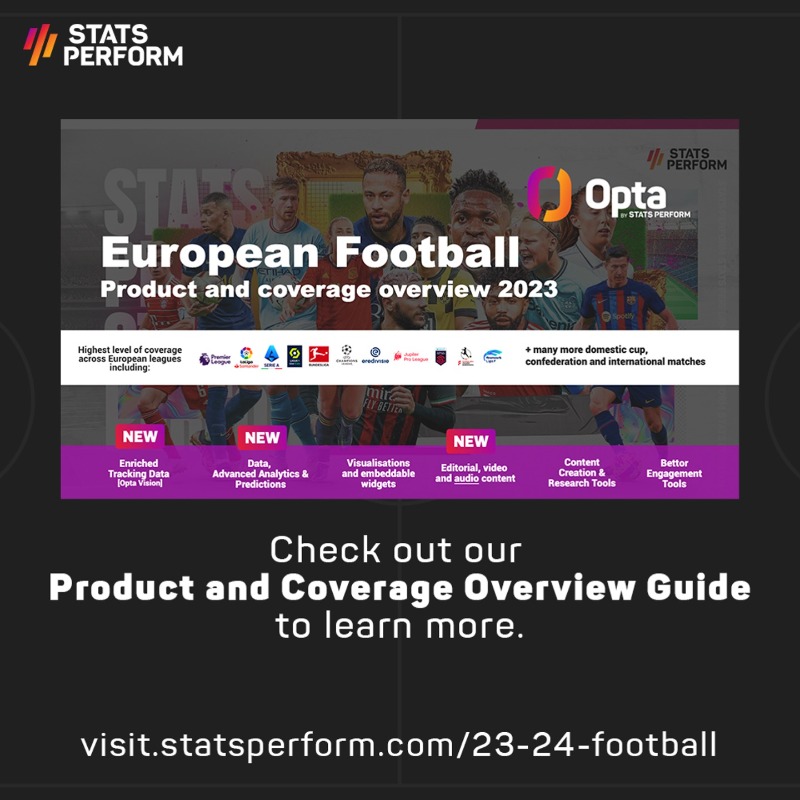 StatsPerform's tweet photo. Are you ready for the return of European football? ️⚽️

Here's a taste of how new #Opta data points, tools and products can enable you to deliver deeper insights to fans, grow your global audience and activate new sponsorship opportunities.

Swipe through. ⬇️