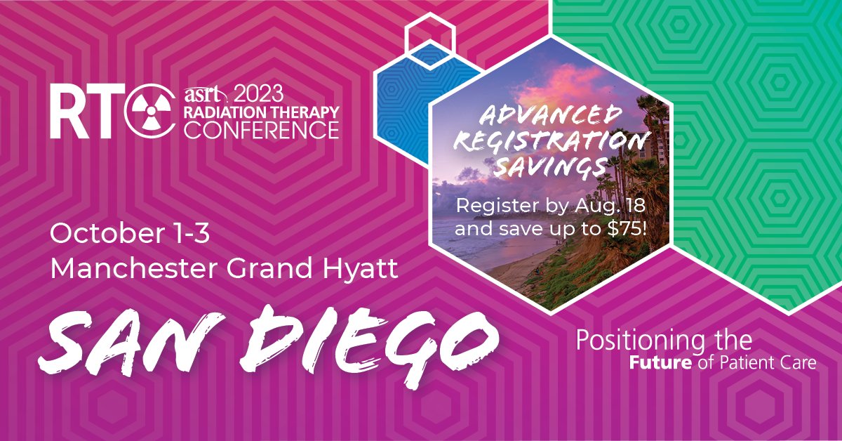 ASRT's tweet photo. Attend the 2023 Radiation Therapy Conference Oct. 1-3, and get inspired! Earn up to 14 continuing education credits and network with other radiation therapy and medical dosimetry professionals in sunny San Diego! Register by Aug. 18, and save! https://t.co/RqrfkpWxP8. #ASRTRTC23 https://t.co/1wo8BQFvn4