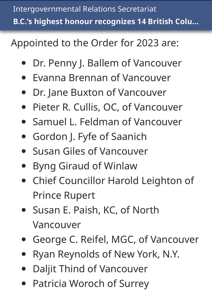 bobmackin's tweet photo. It’s alphabetical order, but she’s number 1 in @bcndp hearts, 2023 #OrderofBC recipient Penny Ballem. A high-paid contractor in @dave_eby office who was previously appointed by @adriandix to head Vancouver Coastal Health and B.C.’s mass-immunization program. #bcpoli #BCDay https://t.co/vwPcE87ENP