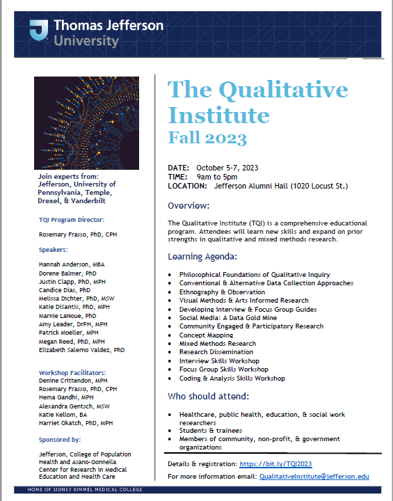 Population Health (@jeffersonjcph) on Twitter photo We're so excited to host The Qualitative Institute this Fall - Oct. 5-7 on the campus of <a href="/JeffersonUniv/">Thomas Jefferson University</a>! Great opportunity to develop new skills and strengthen your experience in qualitative and mixed methods research. Details & Registration: bit.ly/TQI2023 We're so excited to host The Qualitative Institute this Fall - Oct. 5-7 on the campus of <a href="/JeffersonUniv/">Thomas Jefferson University</a>! Great opportunity to develop new skills and strengthen your experience in qualitative and mixed methods research. Details & Registration: bit.ly/TQI2023