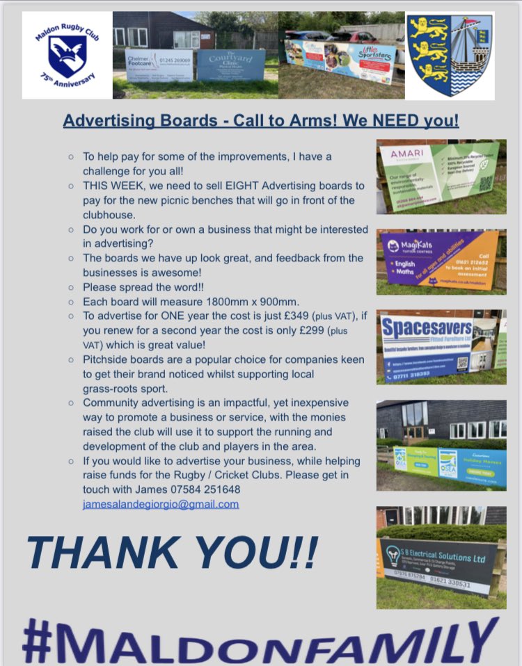 Want to promote your business at the home of cricket AND rugby in Maldon? Message for more info <a href="/MaldonRFC/">Maldon RFC</a> <a href="/MaldonNubNews/">Maldon Nub News</a> <a href="/MaldonDC/">Maldon District Council - #MaldonDistrict</a>