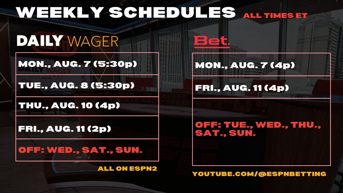 Daily Wager & Bet weekly schedules. 🗒️ Both shows off on Wed. 🗒️ Half hour Daily Wager episodes on Mon.-Tue.