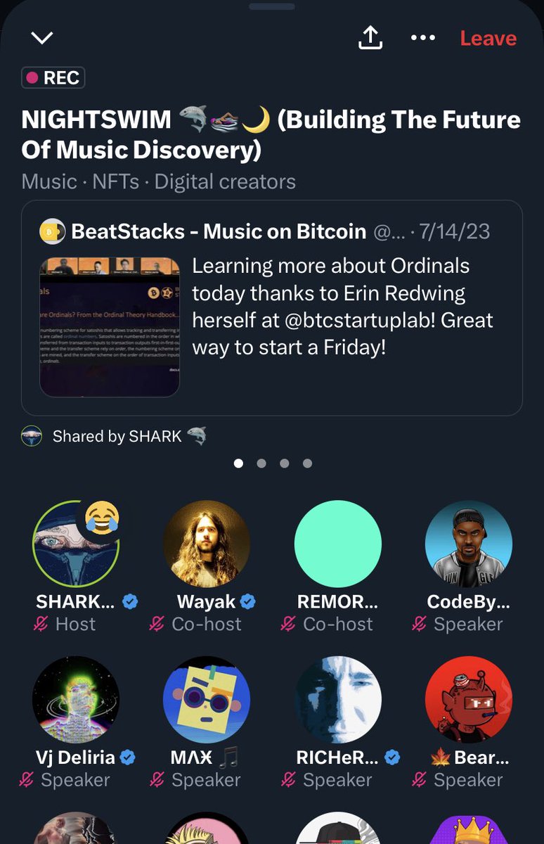 Thank you to <a href="/SharkAnth0ny/">SHARK 🦈</a> for allowing me to contribute to the music discovery convo and to speak about <a href="/beatstacksonbtc/">BeatStacks - Music on Bitcoin #tabconf2023</a> and about my experience so far in the <a href="/btcstartuplab/">Bitcoin Ai Startup Lab</a>. Music on Bitcoin is the future of the indie music industry!