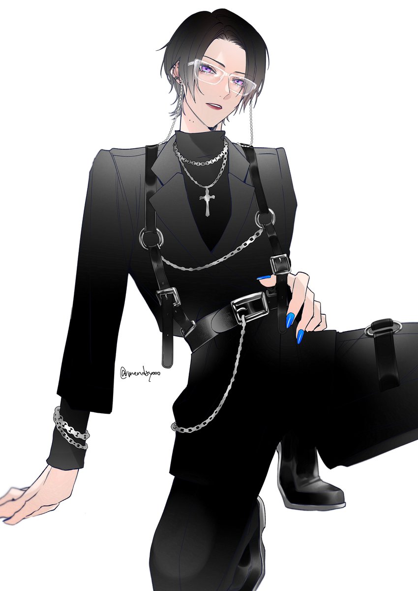 1boy male focus jewelry necklace pants glasses cross  illustration images