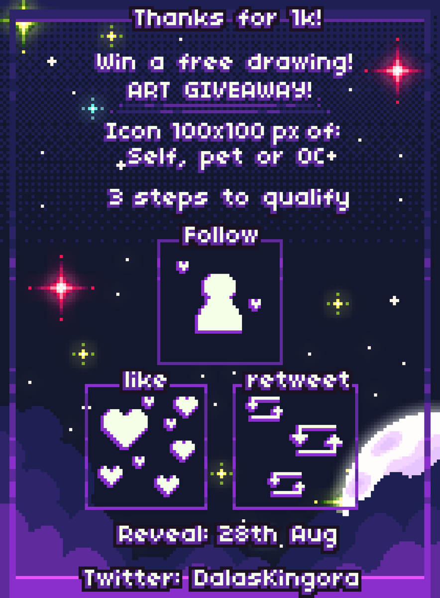 Here we go everyone!! 😆 As a thank you for helping me reach my milestone of 1000 followers I have decided to hold my second giveaway! ✨
The winner will be pulled roughly 3 weeks from now and they will receive a free Icon commission! Examples in comments!🌸
