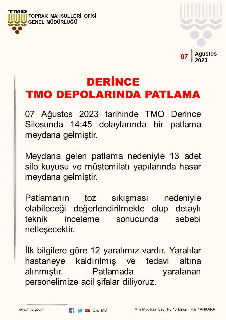 erhnozmen's tweet photo. TMO Derince Silolarında meydana gelen patlamada yaralanan vatandaşlarımıza acil şifalar diliyorum.
Tek tesellimiz can kaybı olmaması...
Bir daha böyle üzücü bir olay olmamasını temennisi ile camiamıza ve milletimize geçmiş olsun.
@tarimbakan @Ahmet_Guldal @cihansoyalp @masuk21 https://t.co/qegfXVyrZM