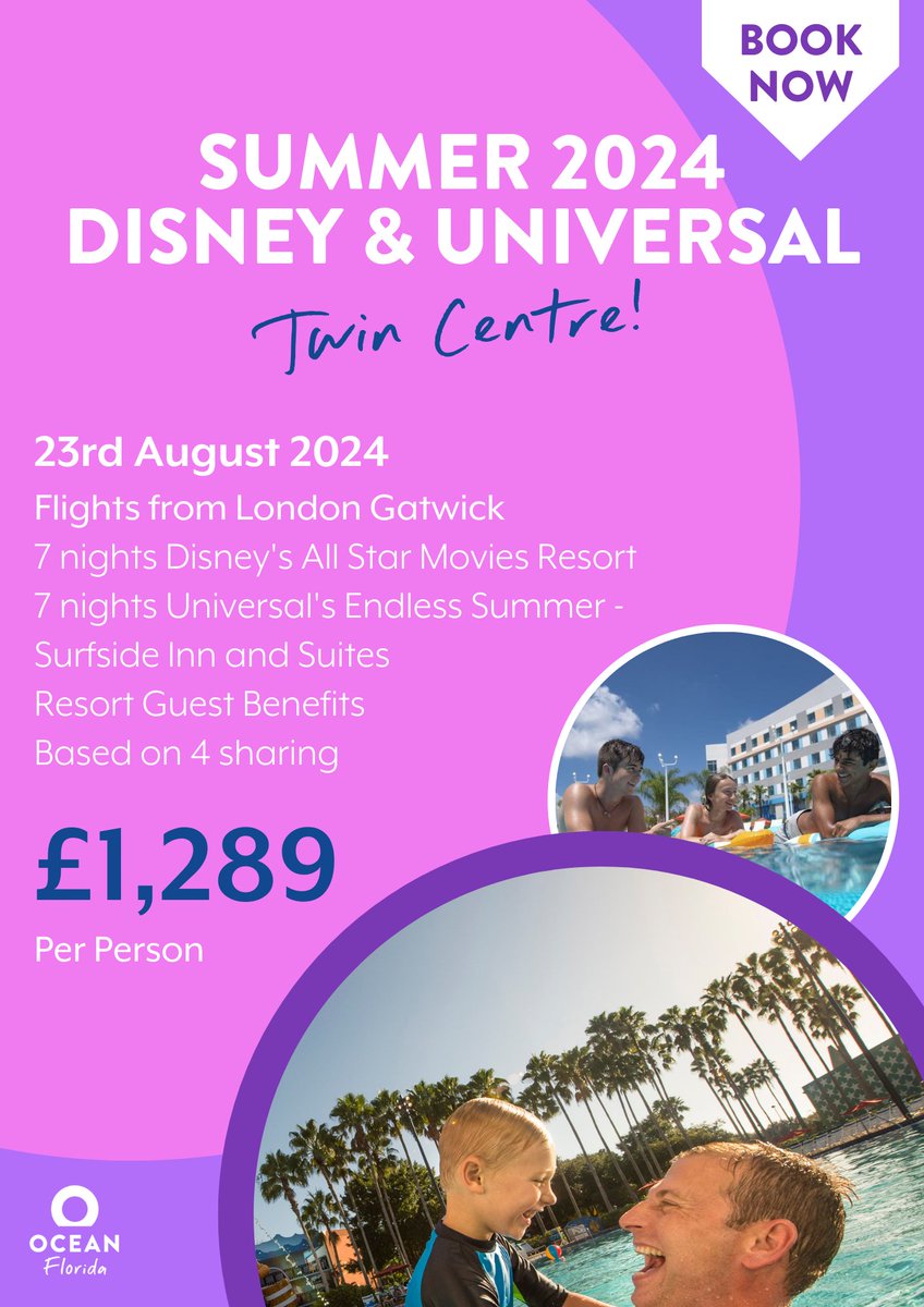 Summer 2024 Disney &amp; Universal - Twin Centre! 
23rd August 24
Flights from London Gatwick
7 nights Disney's All Star Movies Resort
7 nights Universal's Endless Summer - Surfside Inn and Suites
Resort Guest Benefits
Based on 4 sharing
£1289pp

01924 283 803 / info@rtctraveluk.com