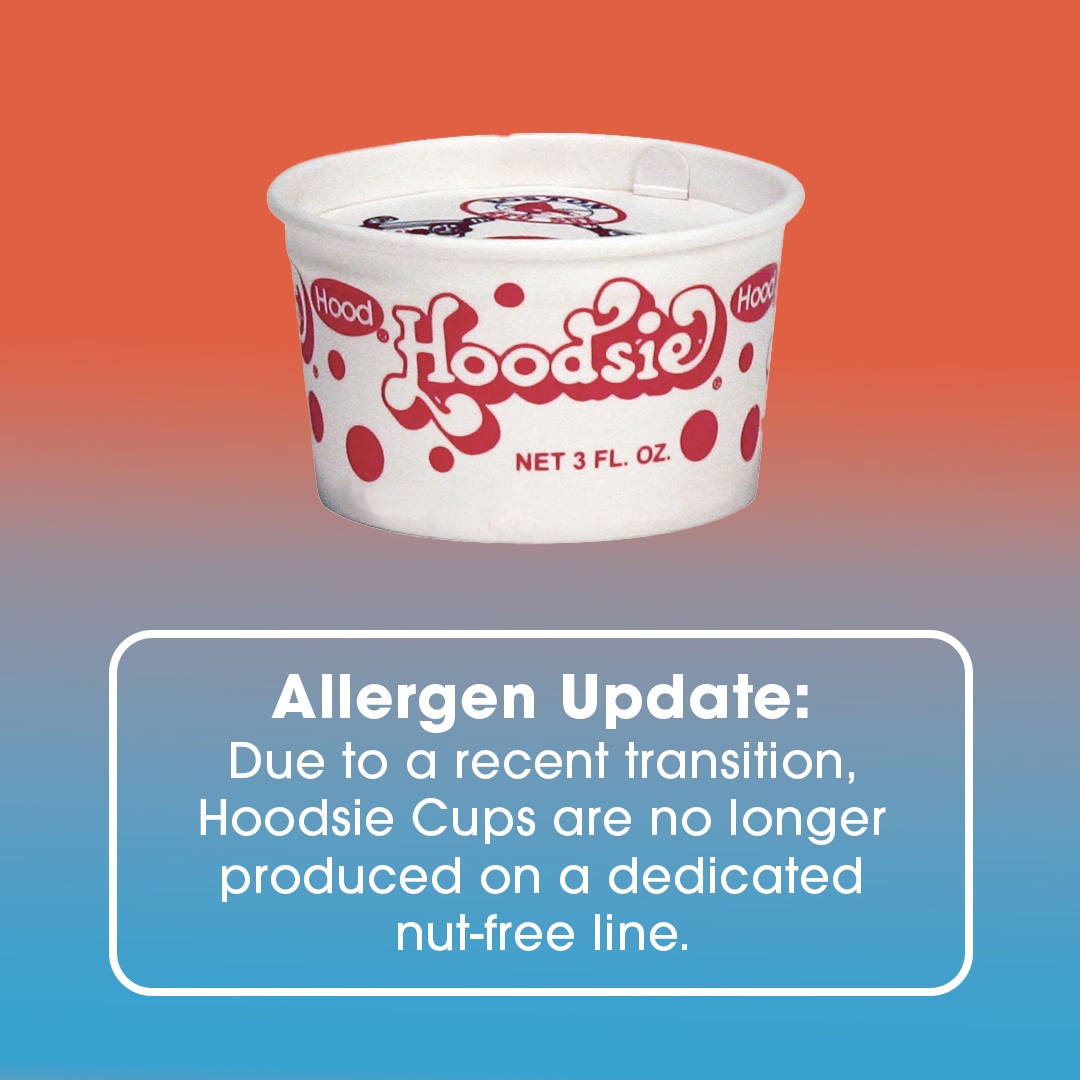 Allergen Update: Due to a recent transition, Hoodsie Cups are no longer produced on a dedicated nut-free line. Hood Ice Cream Sandwiches continue to be produced on a dedicated nut-free line.

hood.com/products/ice-c…