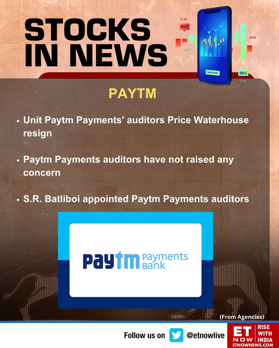 ETNOWlive's tweet image. Stocks To Watch | Paytm: Unit Paytm Payments' auditors Price Waterhouse resign

#Paytm @Paytm @PaytmBank #StockMarket #SRBatliboi @PwC