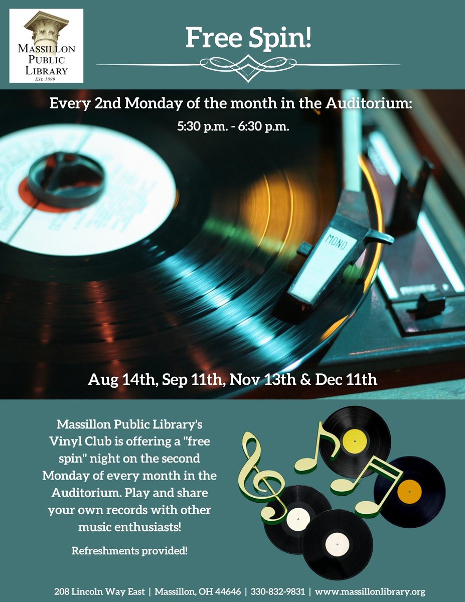 Massillon Public Library’s Vinyl Club is now offering a “free spin” night on the second Monday of every month!

Registration requested:
massillonlibrary.libnet.info/event/8859039

For more information, contact the Main Library at 330-832-9831.