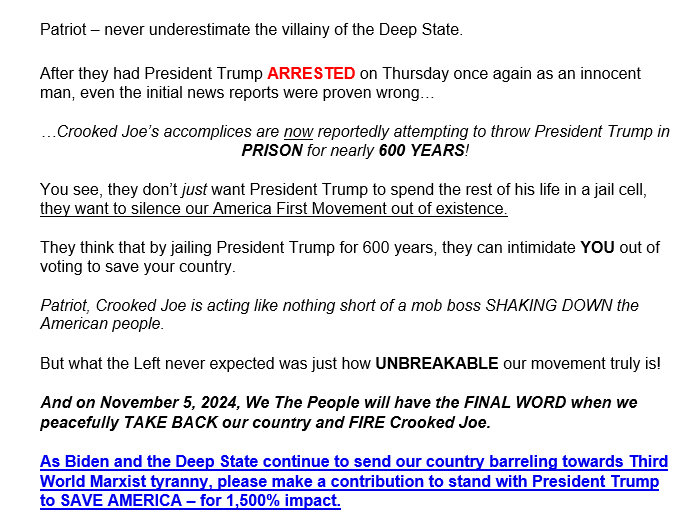 IamVyv's tweet photo. Today's first #Griftogram from the #OrangeBasturd's (sic) Grubby #Scampac.
The only mentions I have seen of the total time/how many lifetimes he might be sentenced are from his own inane, self pitying BS and lying posts/#ScamMails, NOT news reports. https://t.co/dWZC6TrGRj