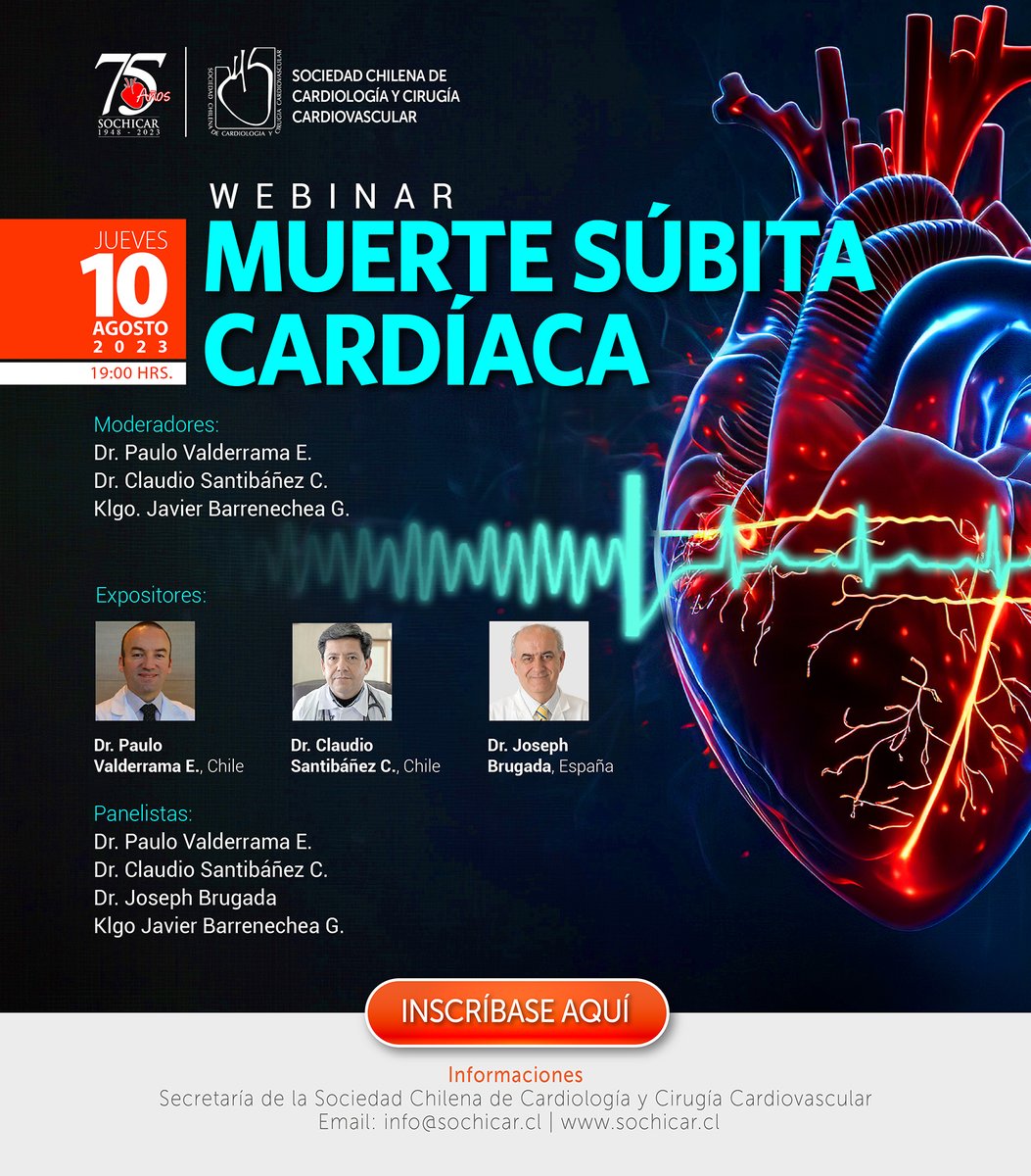 Si quieres saber más de Muerte Súbita Cardíaca, no te pierdas esta webinar con los mejores panelistas! 
Dr Claudio Santibáñez
<a href="/drpaulovalderra/">Paulo Valderrama Erazo</a> 
<a href="/BrugadaFound/">Brugada Foundation</a>  
Klgo Javier Barrenechea 
Súmate en: 
us06web.zoom.us/webinar/regist…