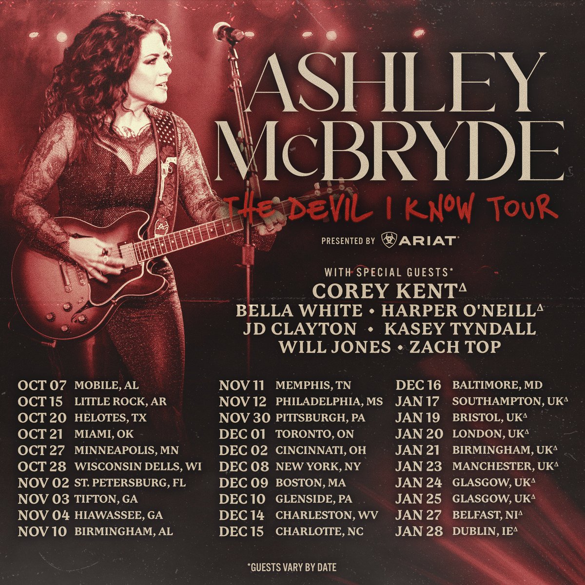 AshleyMcBryde's tweet photo. About time this devil hits the road for a proper run of shows... The Devil I Know Tour presented by @Ariat  kicks off in the states this October, then we're finally headed back to the UK! https://t.co/eU3IZLWGrW

AND, I'm bringing a few friends with me along the way. Y'all... I can't wait for this one. As always, my Trybe will have first access to presale tickets. Presale starts tomorrow at 10am local time! Tickets on sale to the public this Friday. #TheDeviliKnow
