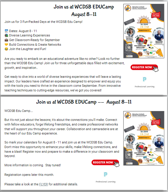 wcdsbNTIP's tweet photo. 🌟Get ready for a day of learning and fun at #EduCamp
August 8th - 10th
Join us at the CEC for awesome sessions, interactive activities, and "Make and Takes" for your classroom. Don't forget to bring a friend!
Check out the attached flyer for details👇https://t.co/J3fpJlHzIy https://t.co/VATEOvZl1b