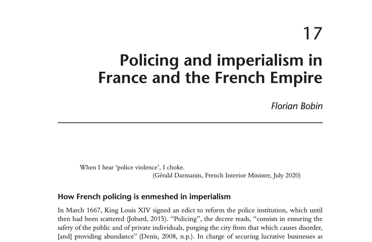 June 2023’s #FreeSenegal and #JusticePourNahel have yet again showcased, from Dakar to Paris, the lasting effects of imperial French policing.

My book chapter on its historicity is now out in the Routledge Handbook on Decolonizing Justice.

Key points to take away [THREAD] 🧵⤵️