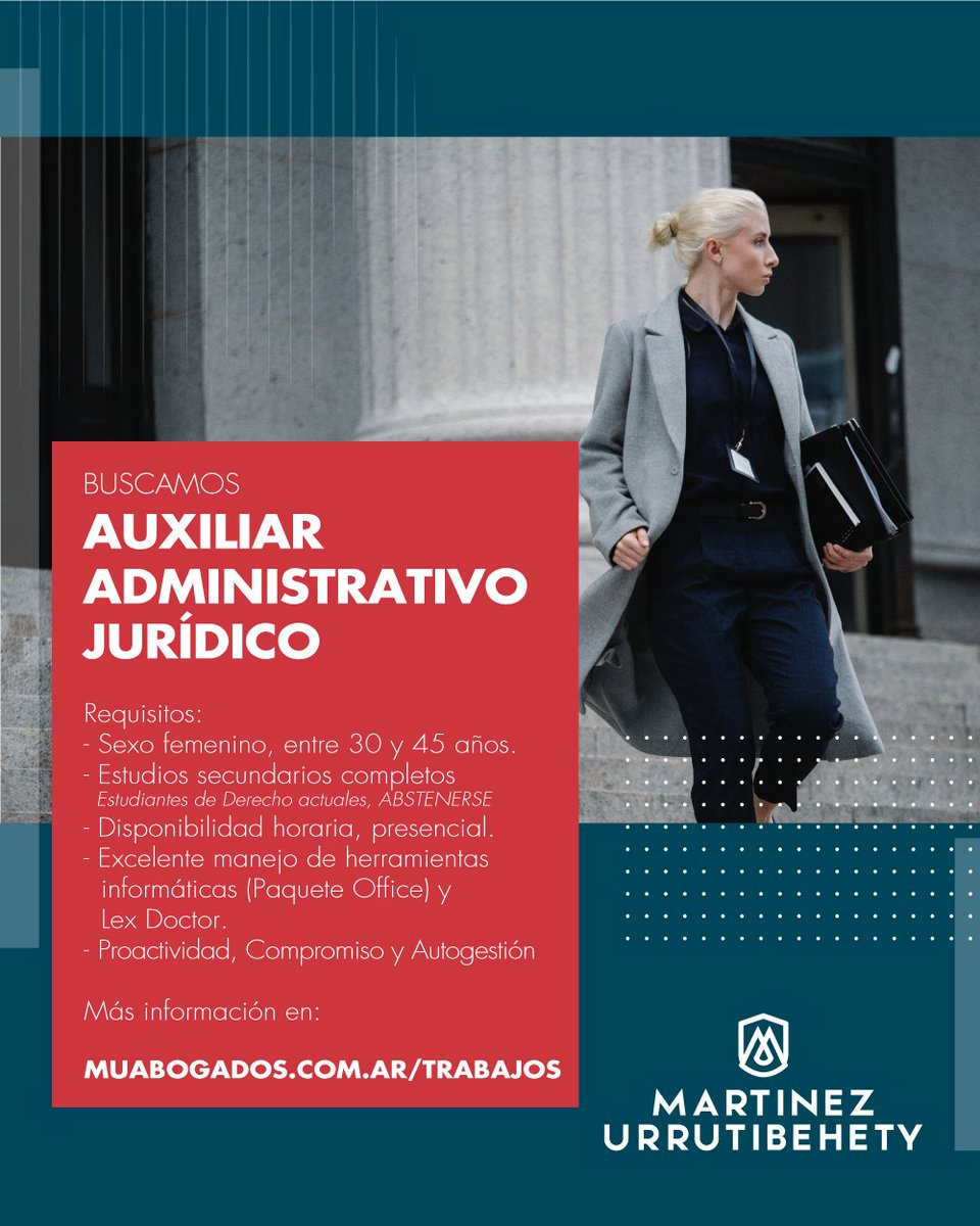 MUabogados's tweet photo. Buscamos AUXILIAR ADMINISTRATIVO JURÍDICO,
Ofrecemos relación de dependencia, excelente ambiente de trabajo con estándares de calidad.
Más información en https://t.co/wqSXCO8zkY

#Auxiliar #Administrativo #Juridico #Abogados #Consejeros #MUAbogados #MartinezUrrutibehety https://t.co/ivrdHMoNq8