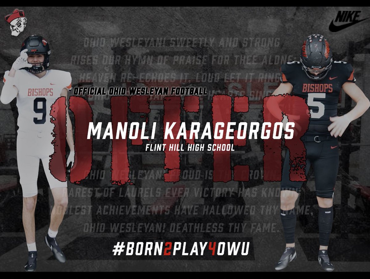 Blessed and Excited to have received an offer from <a href="/OWUBishopFB/">Ohio Wesleyan Football</a> <a href="/CoachOwenAlbers/">Owen Albers</a> <a href="/CoachTomWatts/">Tom Watts</a> <a href="/CoachP_eterson/">Coach P 🍎🏈📚🎓CoachesHelpingCoaches</a> <a href="/FlintHillFball/">Flint Hill Football</a> #BlazeTheTrail #BeUnrivaled #SparkDaFlint24