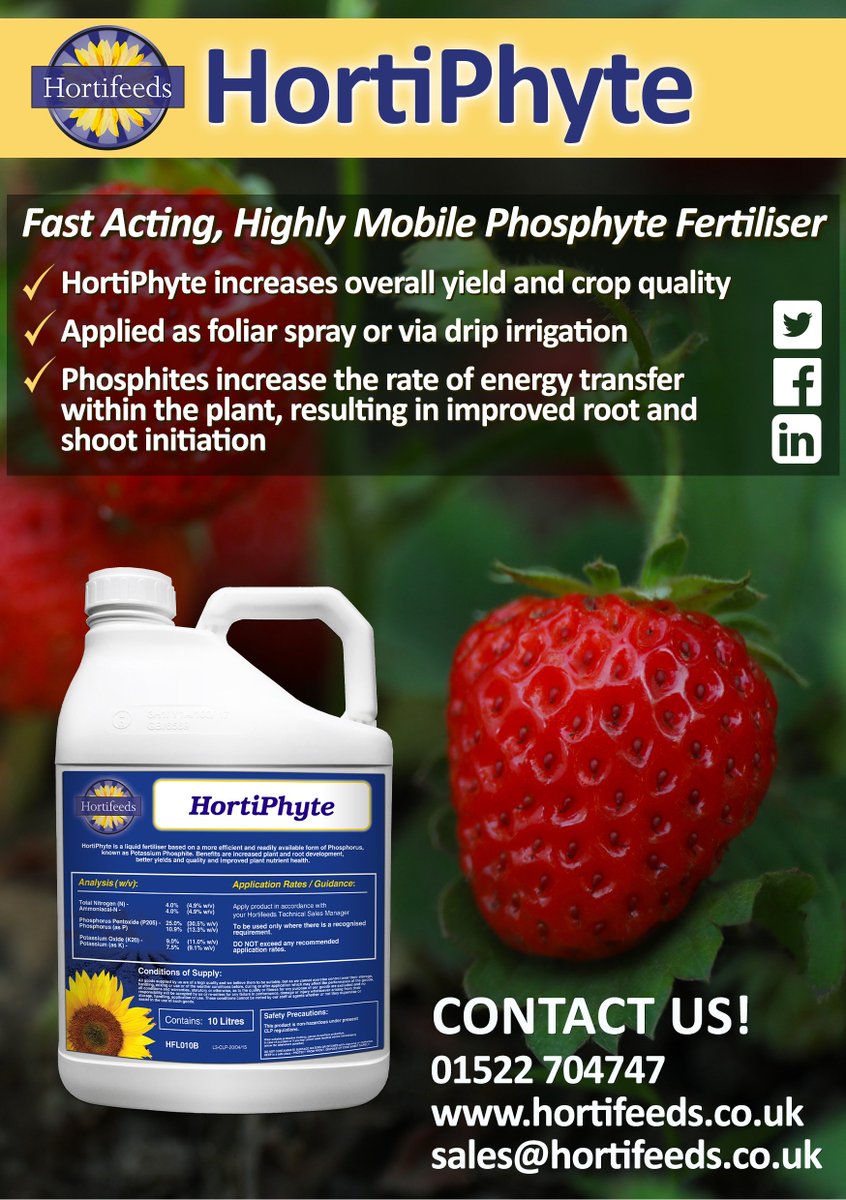 HortyPhyte - Fast Acting, Highly Mobile Phosphyte Fertiliser - ideal for #strawberries, #raspberries and root desease.

Contact your Regional Sales Manager for further information bit.ly/3fgOiPi

#summerheat #hortifeeds #horticulture #agronomy #fertiliser