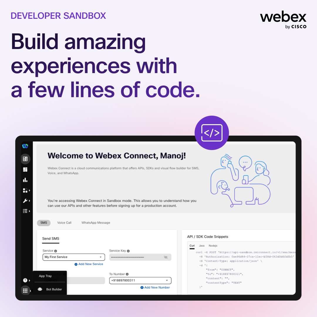 webex_cpaas's tweet image. Looking to make the switch to low-code development? Experiment with our market-leading visual flow engine to build communications-enabled applications in minutes: cs.co/6015Pe6aT

#EnterpriseCPaaS #WebexConnect