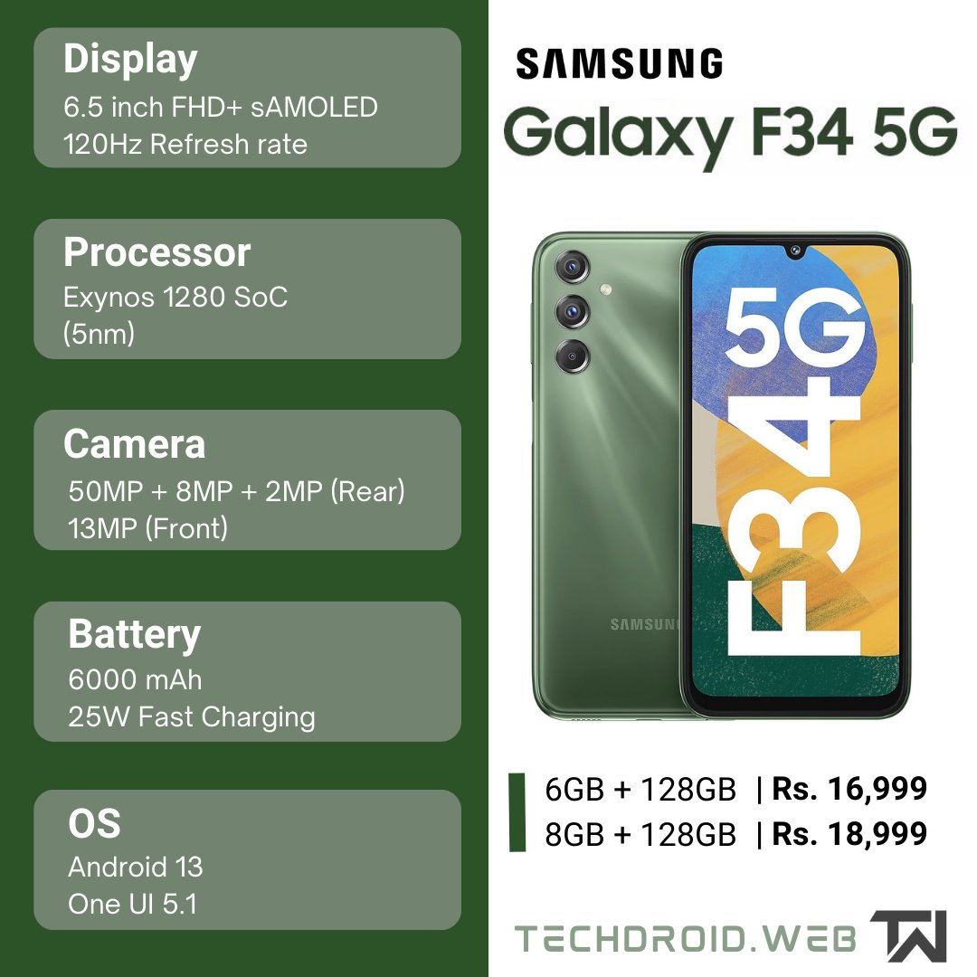 techdroid_web's tweet image. Samsung Galaxy F34 5G launched in India! 
Check out the specs now 👇
#Samsung #SamsungGalaxyF34 #techdroidweb