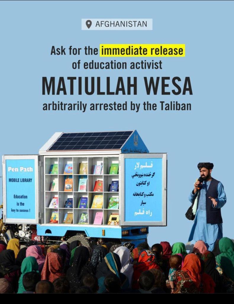 Hmosadiq's tweet image. It is nearly five months since @matiullahwesa is aribitrarily arrested and unlawfully detained by the Taliban. His only crime is campaigning for education in the most peaceful way possible.
#releasematiullahwesa immediately