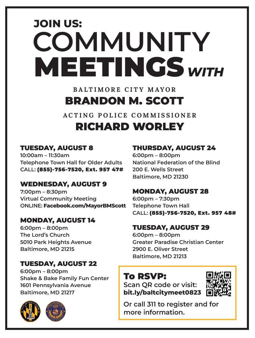 Starting August 8th, join <a href="/MayorBMScott/">Brandon M. Scott</a> and <a href="/BaltimorePolice/">Baltimore Police</a> for a series of public conversations with our next Police Commissioner. 
 
Come be part of the discussion, and register today to stay up to date: bit.ly/baltcitymeet08…