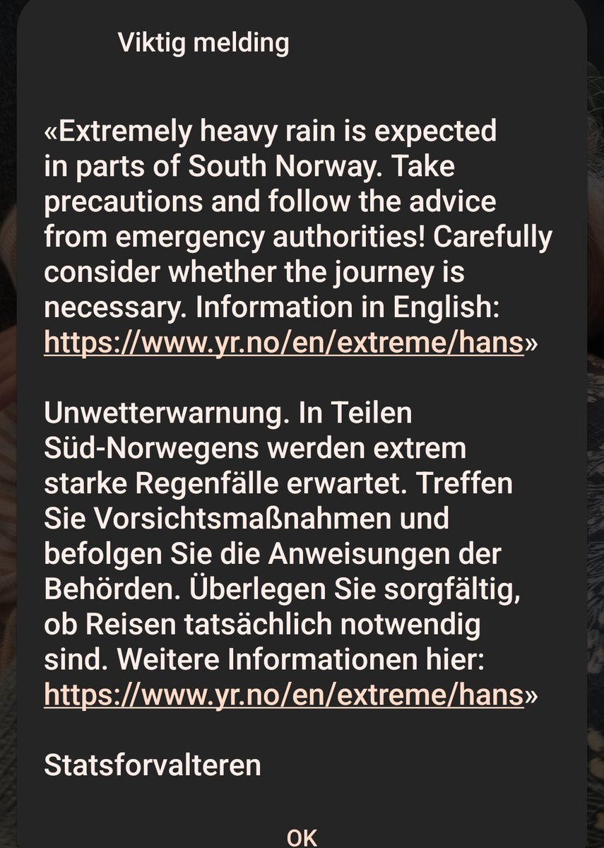 Takk for nødvarsel, Statsforvalteren. 

For så vidt interessant at jeg får den bare på engelsk og tysk, men ikke norsk. Fra offentlige myndigheter. I Norge.