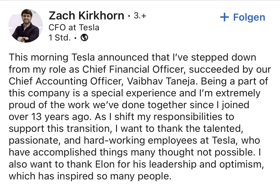 swissteslanews's tweet photo. Der CFO von Tesla tritt nach 13 Jahren zurück. Nachfolger wird der bisherige Leiter der Buchhaltungsabteilung #masterofcoin #tesla #tsla #cfo https://t.co/Q3rN79w4kW