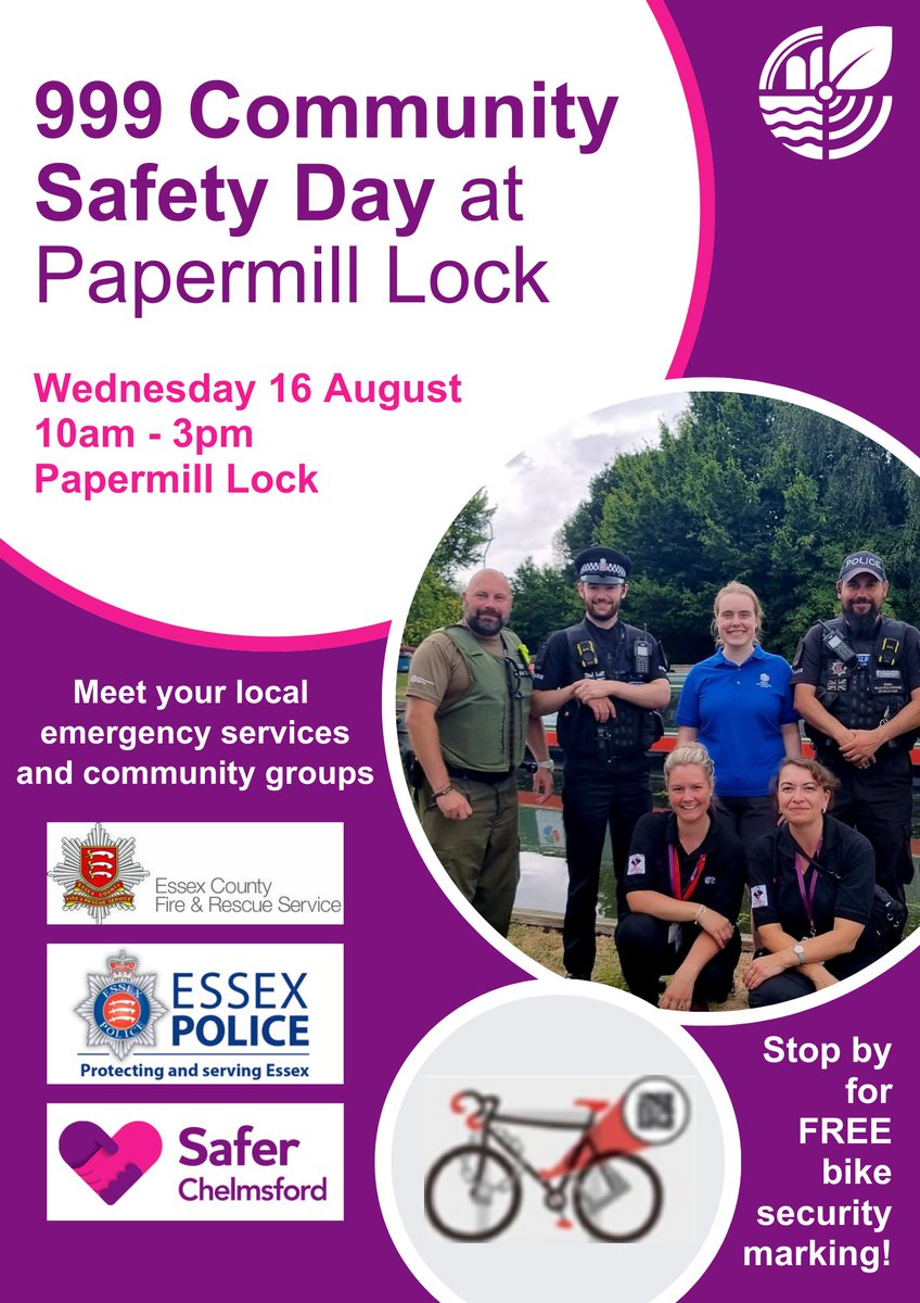 Do you live in Little Baddow? The upcoming 999 Community Safety Day is a great opportunity to learn more about what the council & our partners do to keep the area safe. Come along to Papermill Lock on 16 Aug to meet the safer Chelmsford Partnership, incl @EPChelmsford & @ECFRS