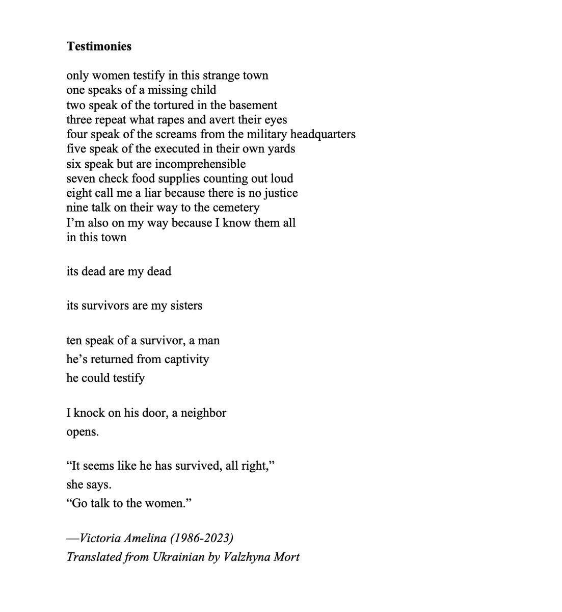 Writers for Democratic Action (@writersforda) on Twitter photo Gut-wrenching Victoria Amelina poem in <a href="/NewYorker/">The New Yorker</a>, translated from the Ukrainian by <a href="/ValzhynaMort/">Valzhyna Mort</a>. Gut-wrenching Victoria Amelina poem in <a href="/NewYorker/">The New Yorker</a>, translated from the Ukrainian by <a href="/ValzhynaMort/">Valzhyna Mort</a>.