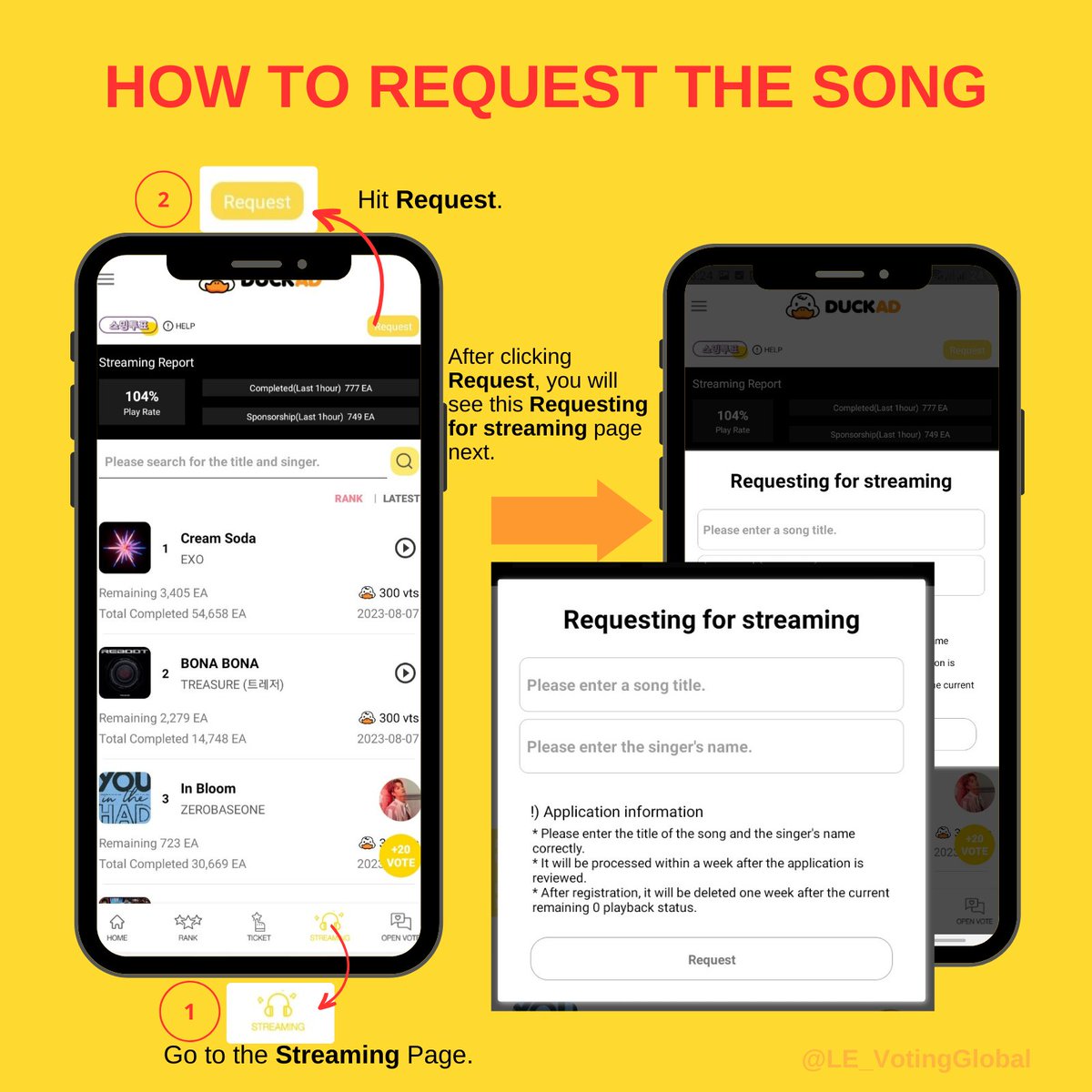 LE_VotingGlobal's tweet photo. #LEVGVT_GUIDE | DuckAD Stream Support

HOW TO REQUEST THE SONG

1. Go to Streaming page
2. Click 'Request'
3. Enter official song title &amp; singer's listed name.
Copy-Paste: 
👉🏻 Le'v 레비 (왕즈하오)
4. Click 'Request'

🚨 Request it a week before release. We will post reminders.
++ https://t.co/Rn5XySJgNc