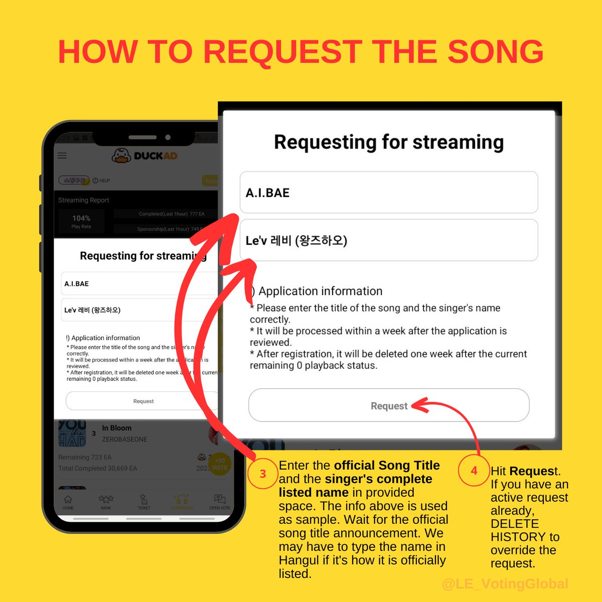 LE_VotingGlobal's tweet photo. #LEVGVT_GUIDE | DuckAD Stream Support

HOW TO REQUEST THE SONG

1. Go to Streaming page
2. Click 'Request'
3. Enter official song title &amp; singer's listed name.
Copy-Paste: 
👉🏻 Le'v 레비 (왕즈하오)
4. Click 'Request'

🚨 Request it a week before release. We will post reminders.
++ https://t.co/Rn5XySJgNc