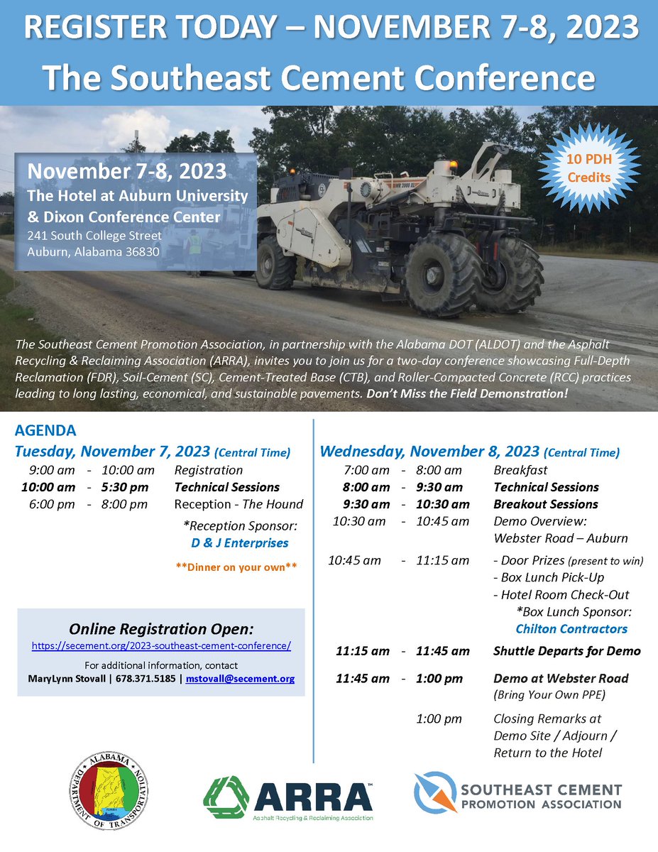 Register Today - November 7-8, 2023
secement.org/2023-southeast…
2023 Southeast Cement Conference
November 7-8, 2023
The Hotel at Auburn University &amp; Dixon Conference Center
241 South College Street - Auburn, Alabama 36830