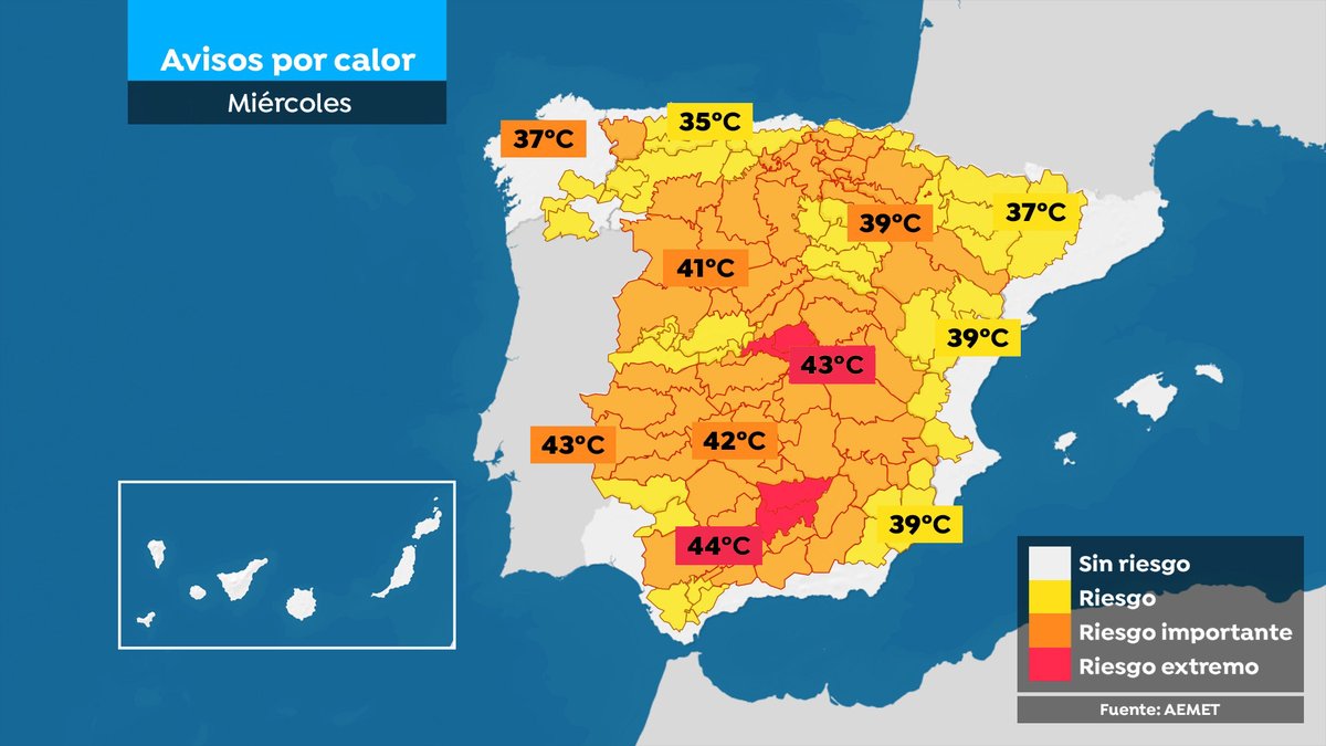 Tiempo_Mercedes's tweet photo. La tercera #OlaDeCalor del verano se estrena con avisos de NIVEL ROJO en Jaén y Madrid, a la espera de una nueva actualización. 

Las zonas más afectadas de aquí al miércoles ⬇️ https://t.co/RCdofiYmaV
