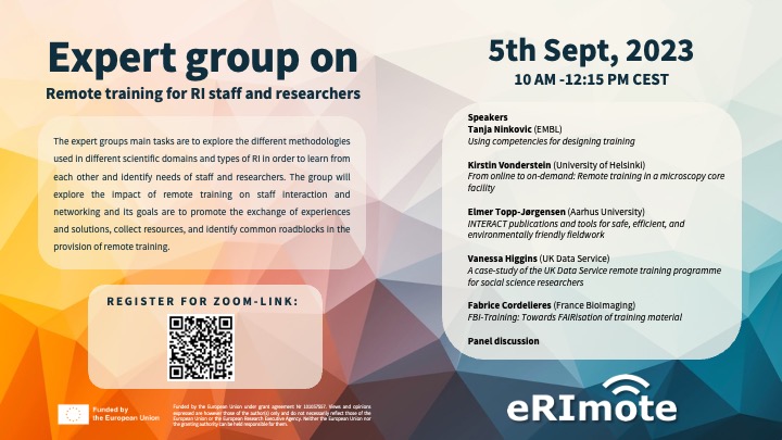 We are organizing within the @eRImote_EU  Project an Expert Group meeting about Remote training for #ResearchInfrastructure staff & researchers on 🗓️September 5 from 10:00 to 12:15 PM CEST.
Join us for great talks! 
Registration is free and open to all⤵️
eurobioimaging.eu/events/erimote…