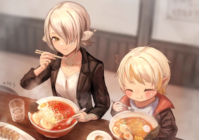 Skebで描かせて頂いたアウラさんとララフェルちゃん なかよし #skeb #Commision