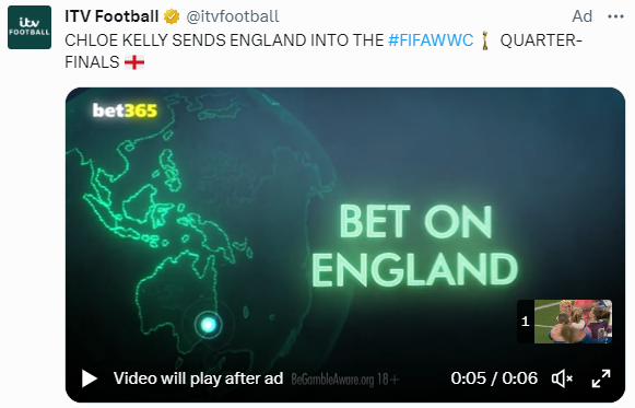 the_bigstep's tweet photo. So many things not ok with this gambling advert:

❌ Forced to watch it

❌ Direct push to bet on a team

❌ Promoted by a national broadcaster

❌ Womens World Cup has a huge young audience

❌ All before lunchtime - morning gambling 🤢

BAN GAMBLING ADS https://t.co/HxMqNtZXDN
