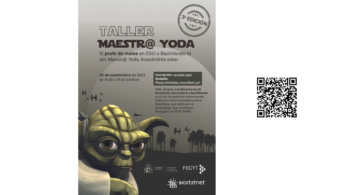 ¡Ya está aquí el cartel de la 3ª edición del Taller Maestr@ Yoda! 👩‍🏫

Puedes acceder a toda la información escaneando el código QR de la imagen o a través del siguiente enlace:
proyectostatwars.es/ediciones/tall…

¡Que la sabiduría del Maestr@ Yoda te acompañe!