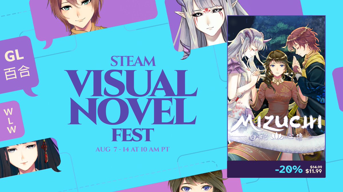 Mizuchi will be joining the Steam Visual Novel Festival! Absolute pleasure seeing all these VNs and adventure games together. 👩‍❤️‍👩 2 WLW Yuri Love Interests 💕 Slow-burn Romance 🐍 Legend of White Snake 📚 Multiple Endings ✨ store.steampowered.com/app/1121300/Mi… ✨ RT ❤️ #indiedev #gamedev