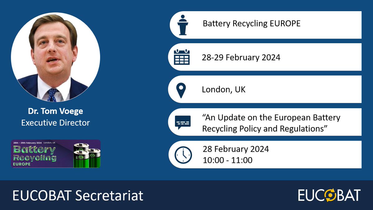In February 2024 <a href="/EUCOBAT/">EUCOBAT</a> Executive Director <a href="/Tom_Voege/">Dr. Tom Voege</a> will be speaking at the 4th Battery Recycling Europe Summit in London in the Session on "An Update on the European Battery Recycling Policy and Regulations"

📌 wplgroup.com/aci/event/batt…