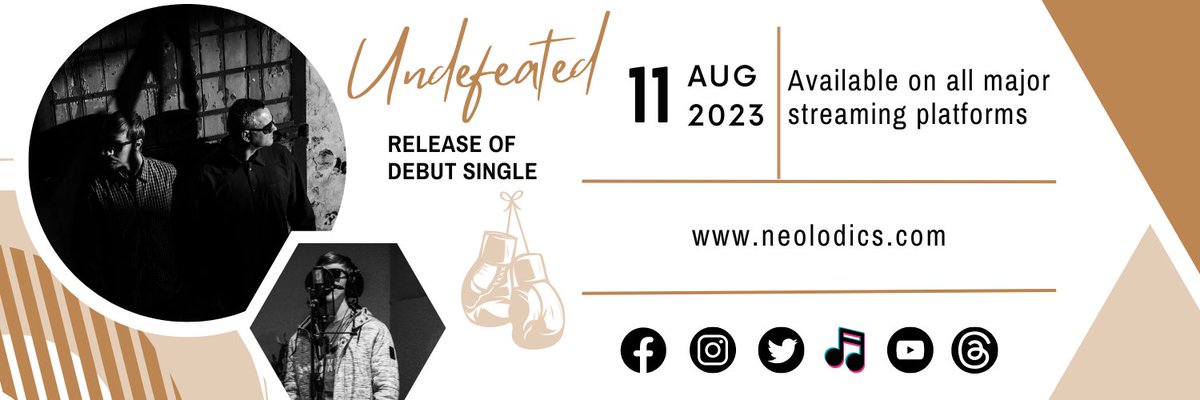 neolodics's tweet photo. Five days to go until the release of our debut single, "Undefeated", this coming Friday on all major streaming platforms. Follow us on social media or visit us at https://t.co/wnRroUQguS for more info. #undefeated #vernonbarnard #neolodics https://t.co/KqxMArIhjf
