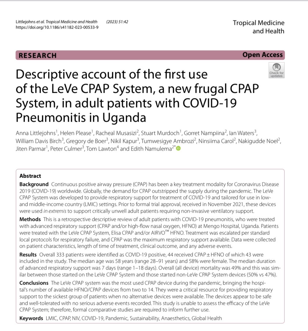 AnnaLittlejohns's tweet photo. Very excited to share this! Our work looking at the role of the LeVe CPAP system during the Covid-19 pandemic in @mengo_hospital.  @PeteCulmer 
@DrRoseMutumba  @Hplease2 @LawtonTri @StuartMurdoch5
@DenisBwanika  #globalhealth #globalanaesthesia 
https://t.co/rQRgDE2RIU https://t.co/rqMEsA4KbX