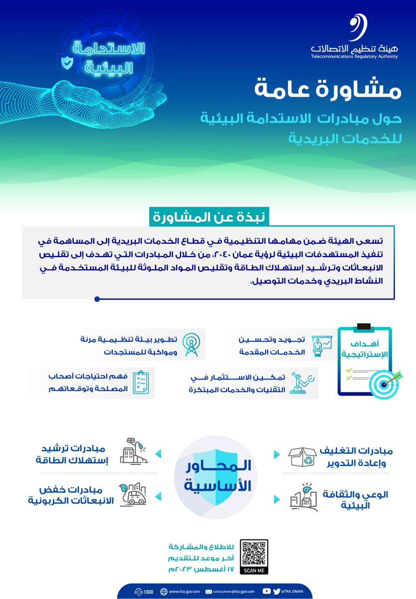 TRA_OMAN's tweet photo. #مشاورة_عامة تدعو الهيئة جميع المنتفعين بالخدمات البريدية  وأصحاب العلاقة إلى الإدلاء بمرئياتهم حول مبادرات الاستدامة البيئية للخدمات البريدية، وذلك بزيارة صفحة المشاورة العامة عبر الرابط أدناه:  
https://t.co/WcAxenyrOf
#بيئة_معززة_لمجتمع_رقمي https://t.co/EVQvSYCe1U