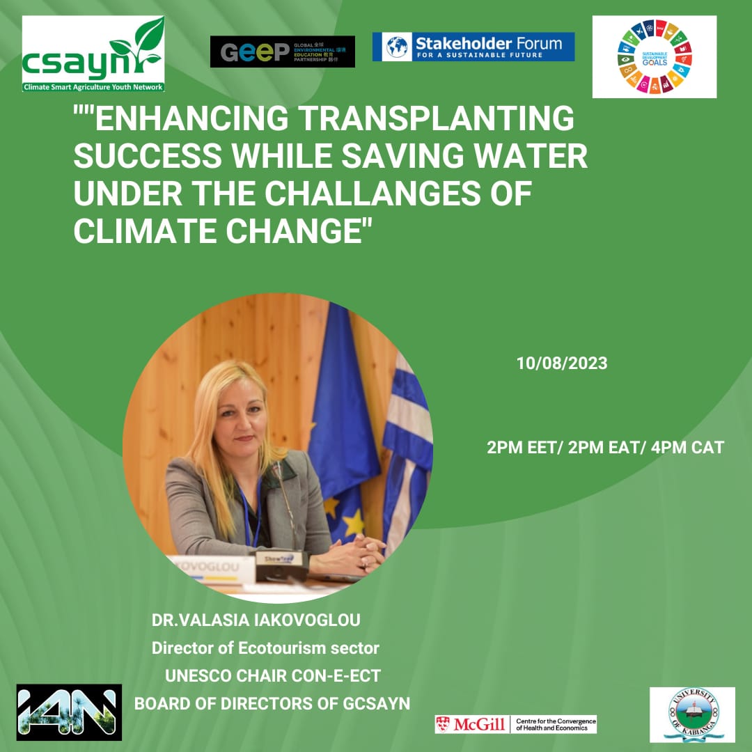 Join us on 10/08/2023 to discuss 'Enhancing Transplanting Success while Saving Water' amidst climate challenges. Learn innovative strategies and share insights for sustainable practices. Let's make a difference together! #TransplantSuccess #ClimateChange #SustainableAgri 🌱🌍🤝